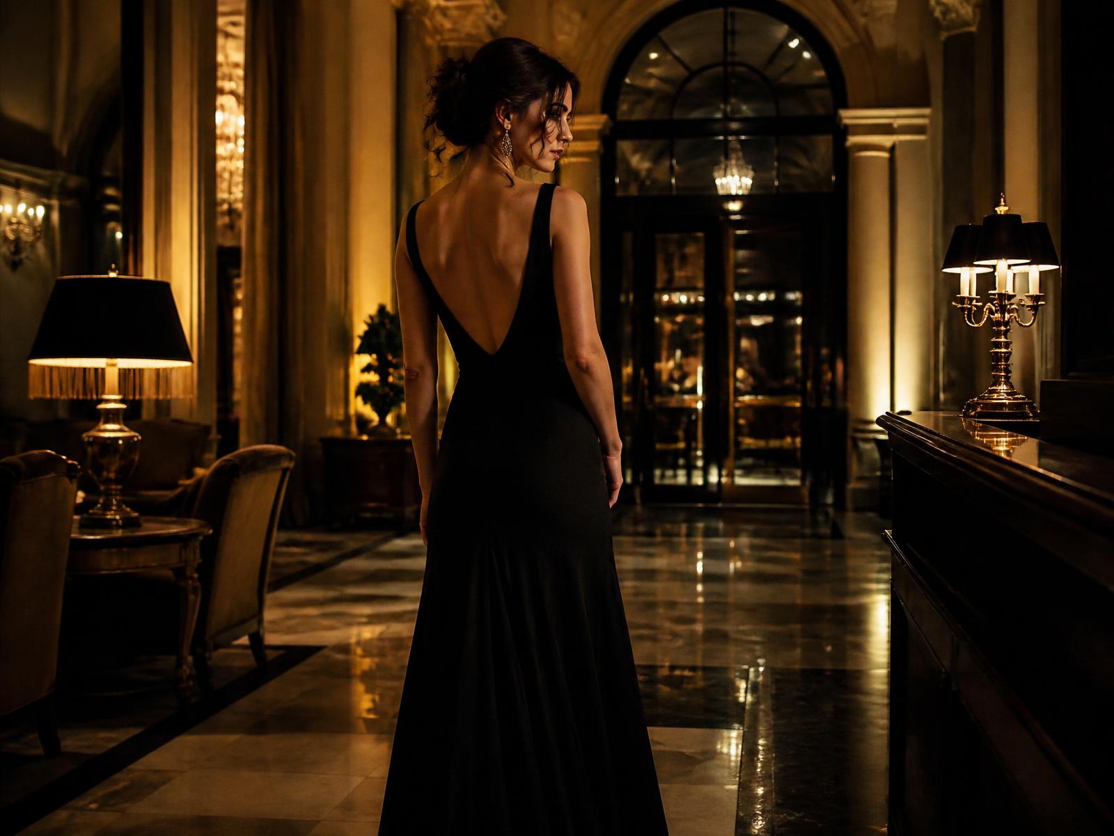 Elegant gekleidete Frau in einer Hotellobby bei Abendlicht